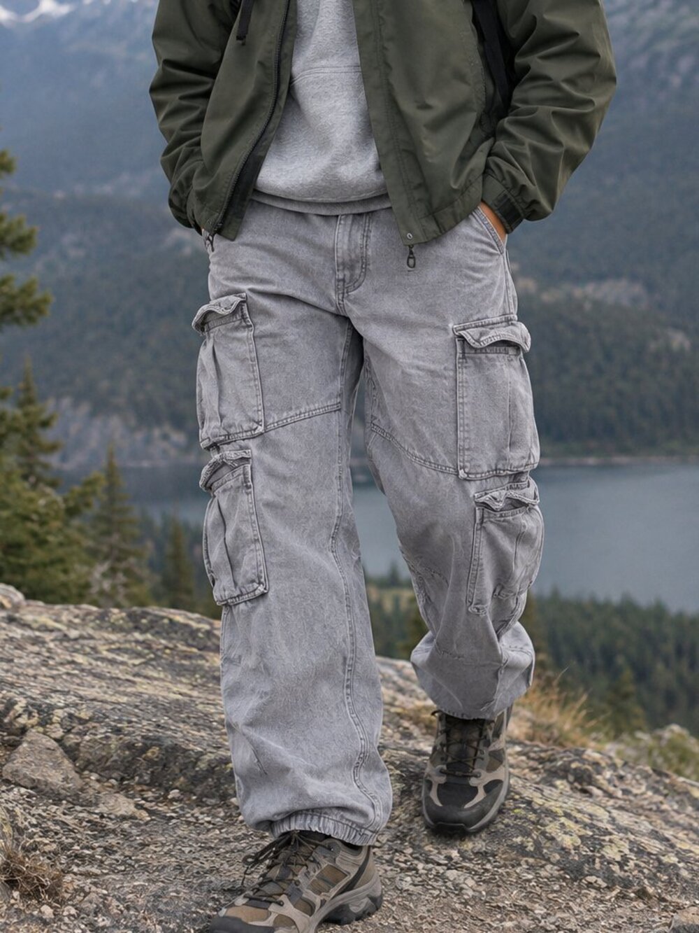 Focus Jeans Cargo Pants Size 30 Light Gray Y2K Utility Multi Pocket
